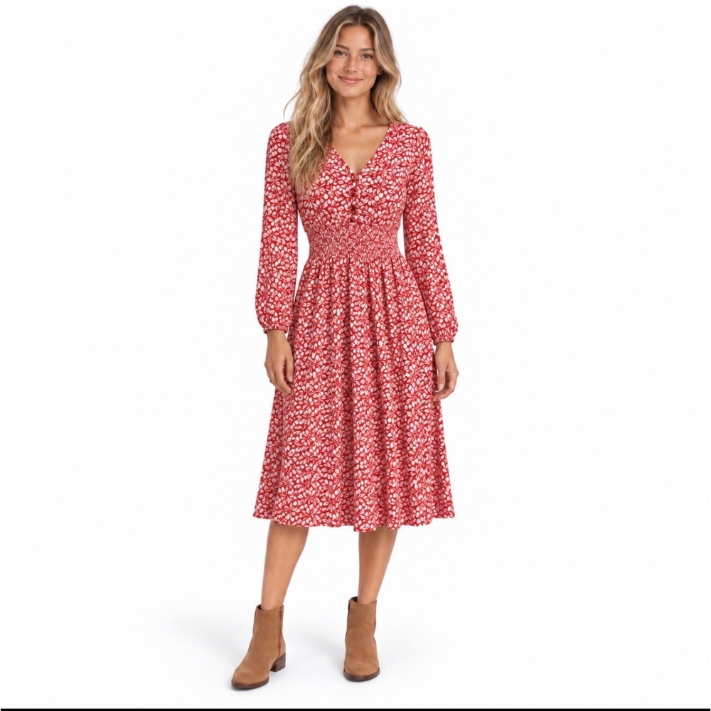 FatFace Red White Botanical Floral Smocked Waist Midi Dress Long Sleeve Size 6